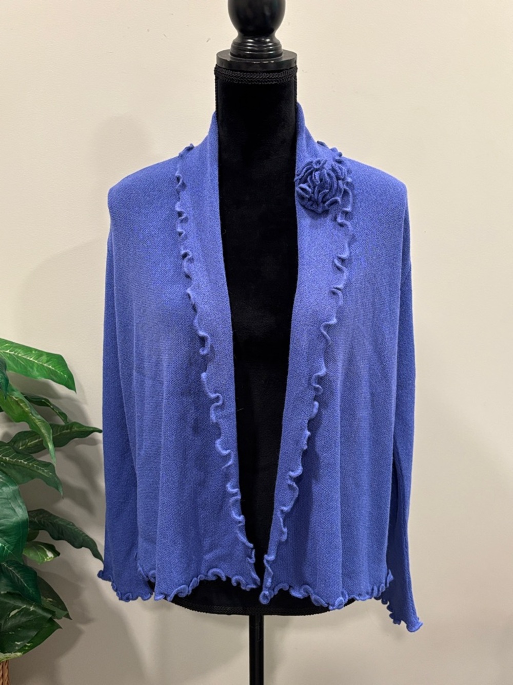 Mon Repos Baby Alpaca Ruffle-Trim Open Front Sweater Cardigan in Periwinkle Blue